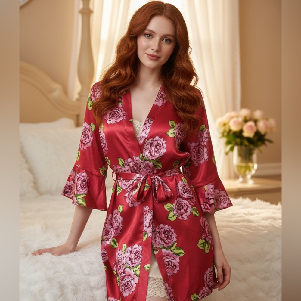 VTG Pink by KMart Ruffle red floral satin tie robe cottagecore romance